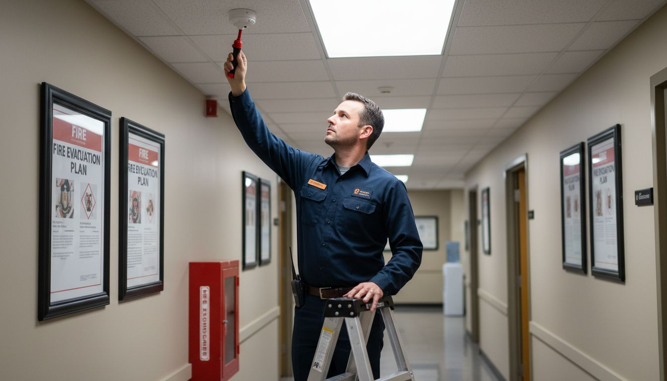 Technician testing ceiling fire alarm in office