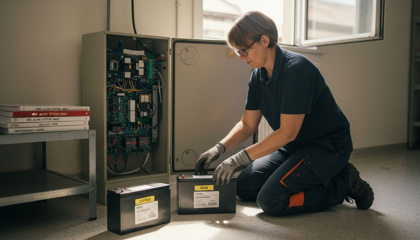 Facility manager changing fire alarm battery