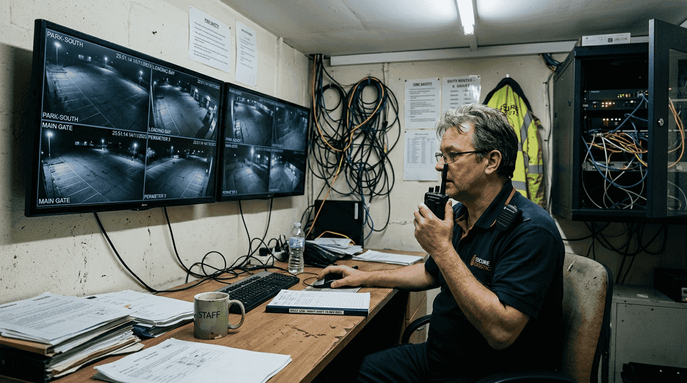 Security operator monitoring fire alarms in control room