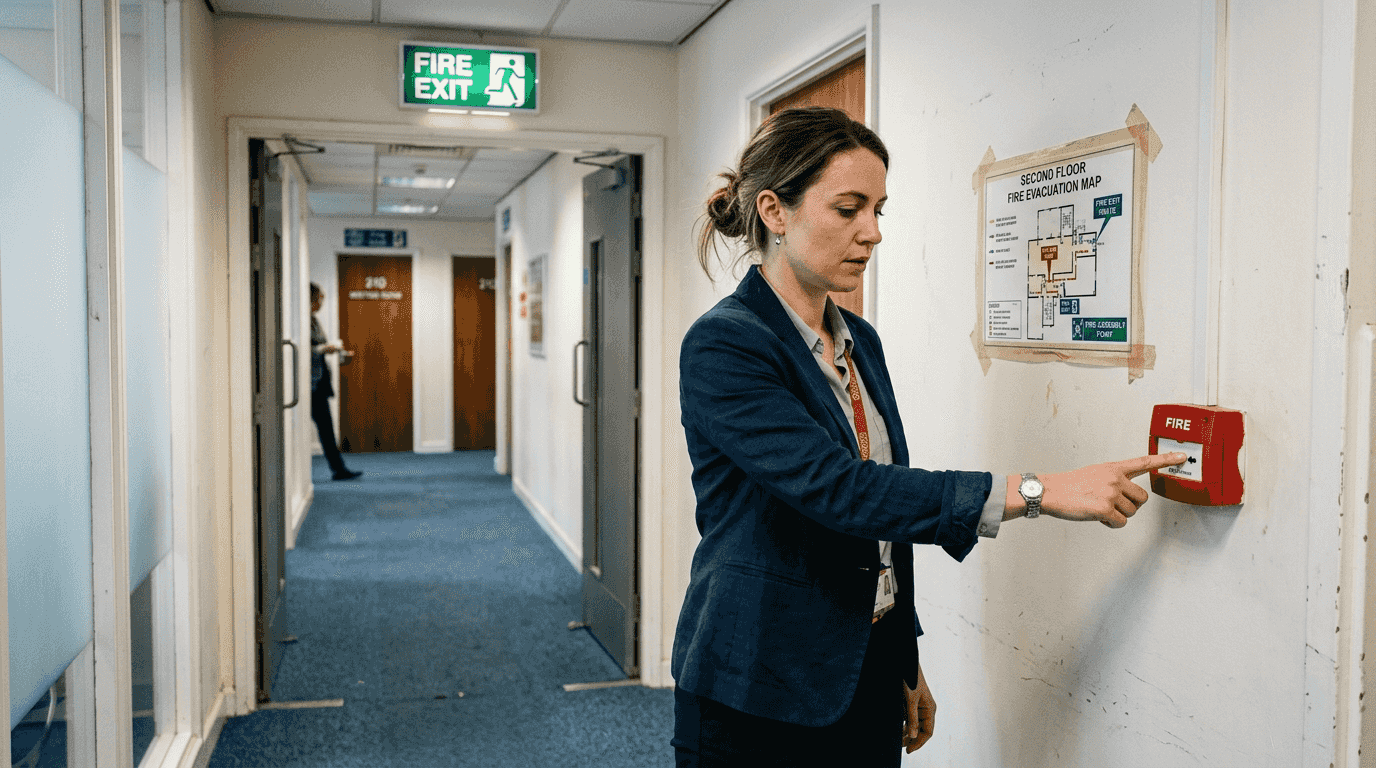 Worker activating fire alarm in office hallway
