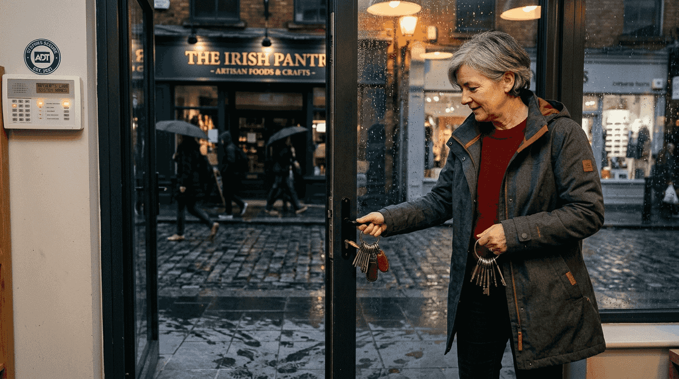 Business owner setting shop alarm at closing time