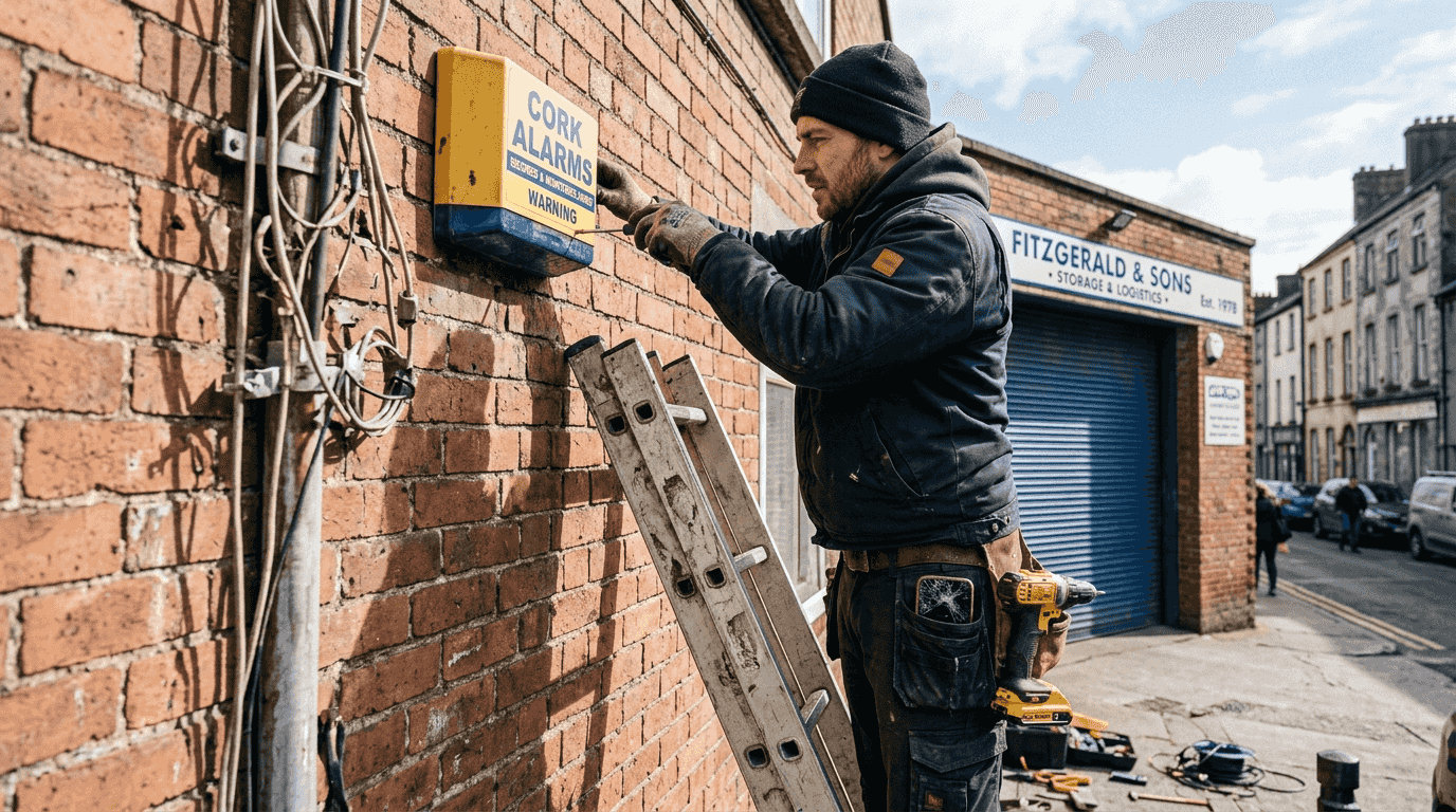 Technician adjusts external alarm box on warehouse