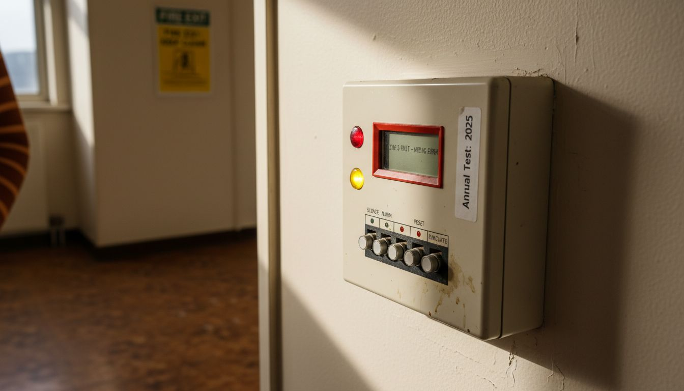 Fire panel screen showing fault codes and lights