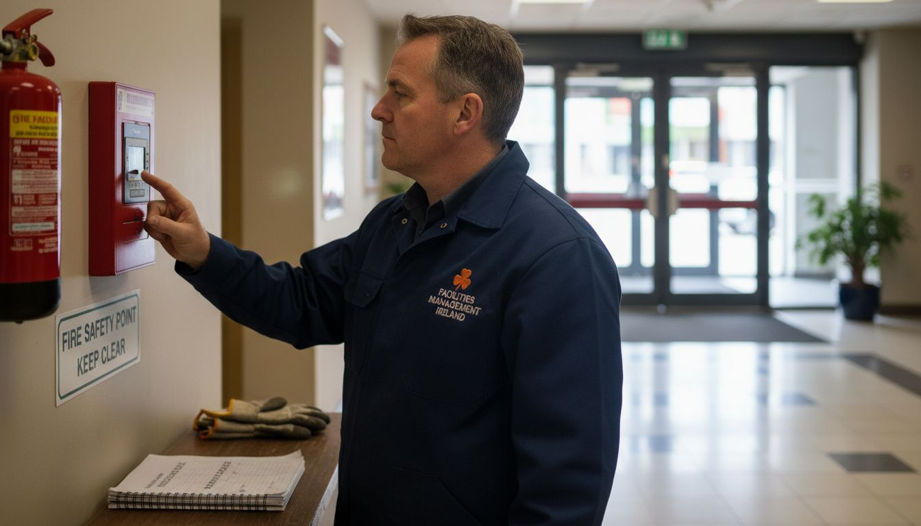 Manager inspecting fire panel in office lobby