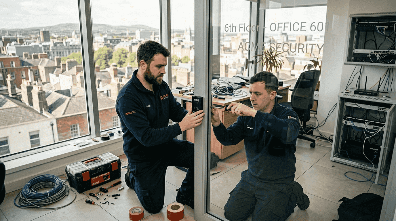 Technicians installing access control in Dublin office