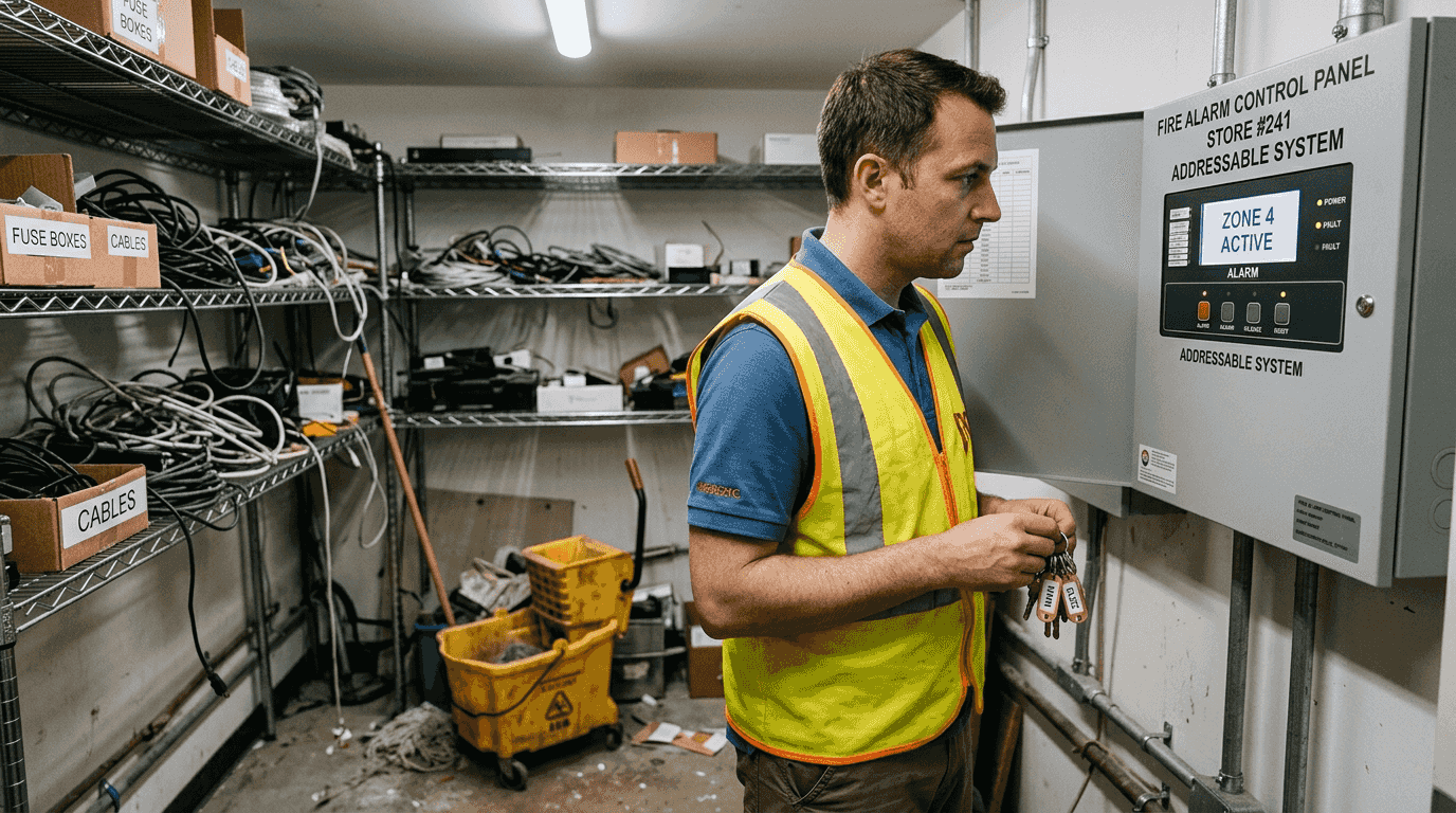 Manager reviewing addressable fire alarm panel details