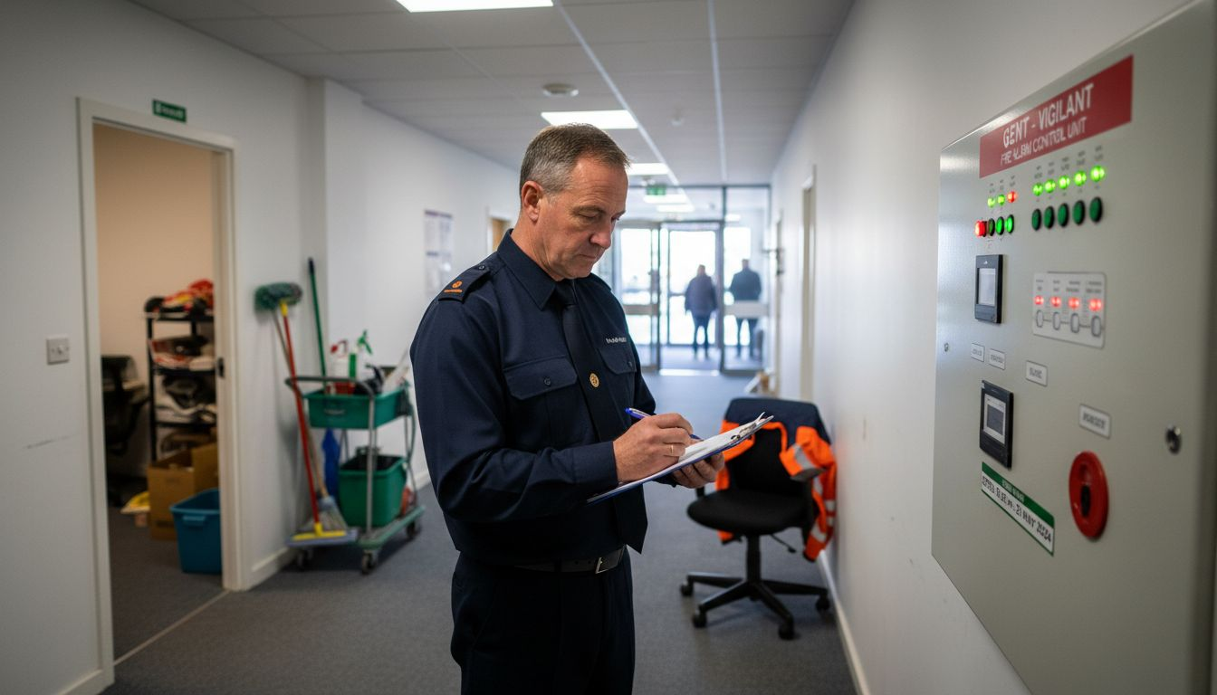 Fire inspector reviewing commercial fire alarm panel