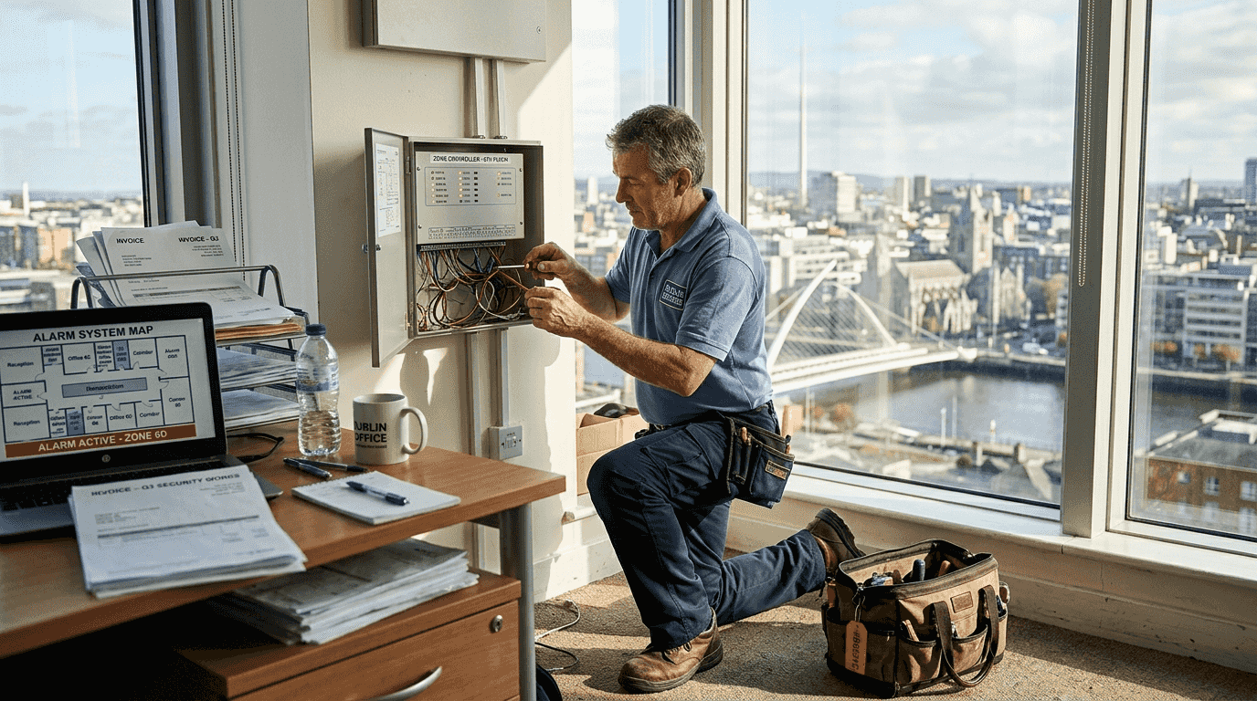Technician installing alarm in Irish office