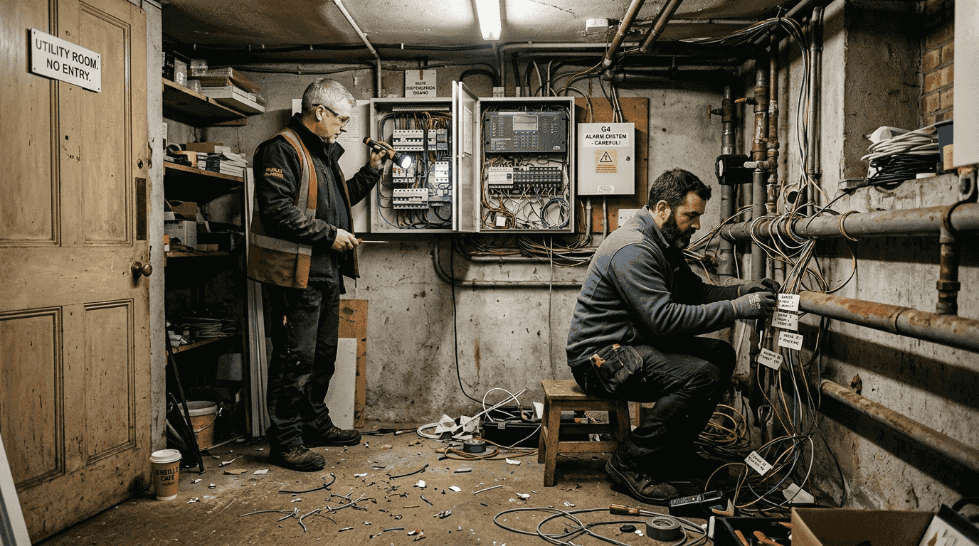 Electricians installing wired alarm system