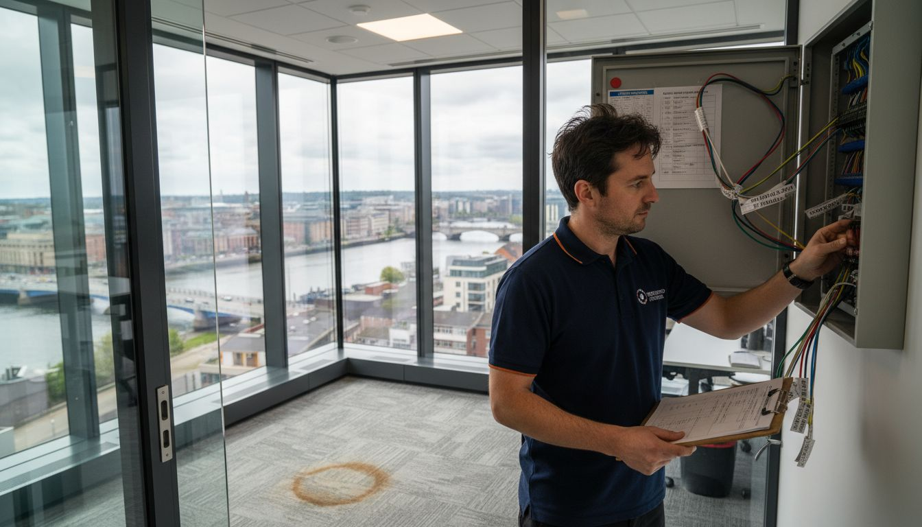 Technician checking fire panel in Dublin office