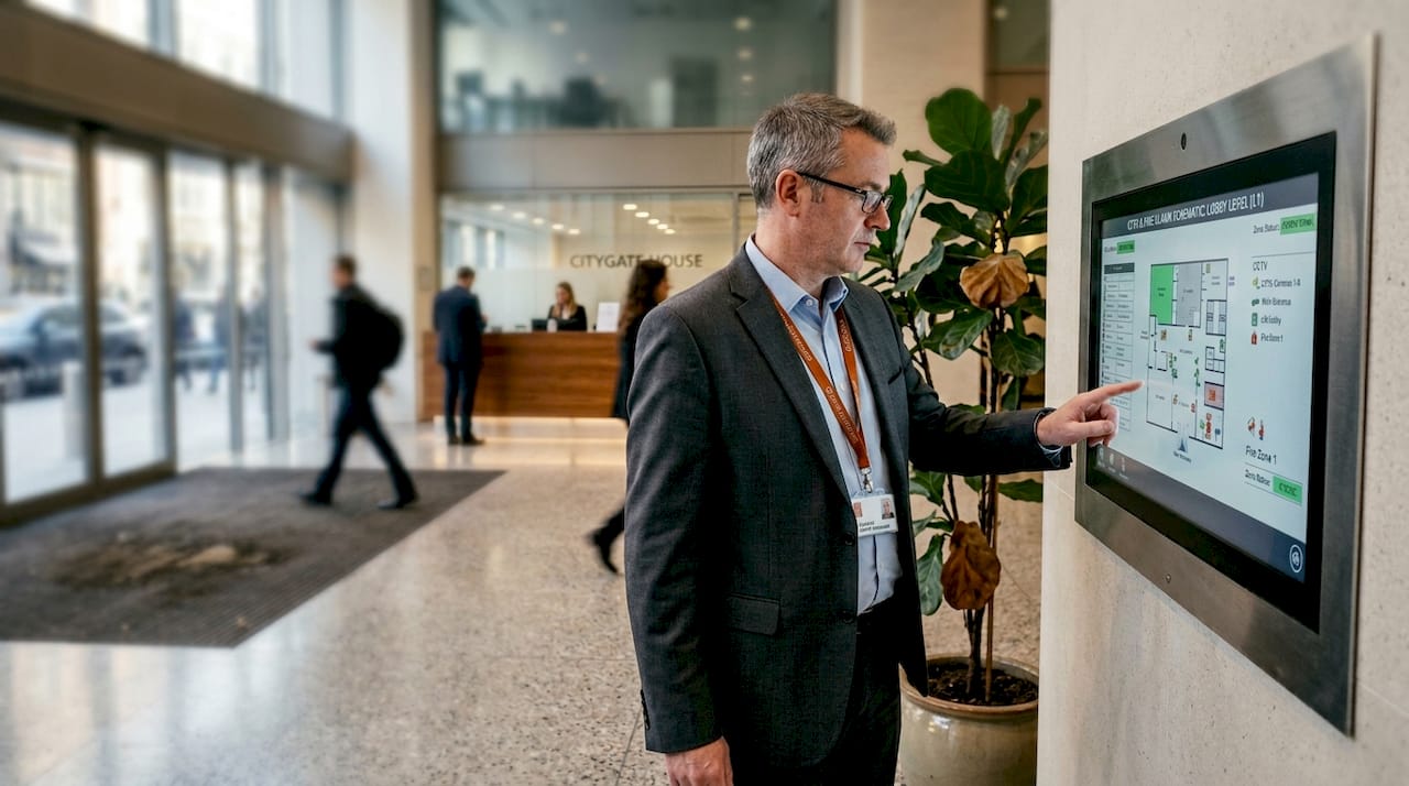 Security manager checks building alarm panel
