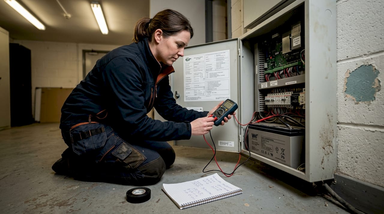 Worker testing fire alarm backup battery