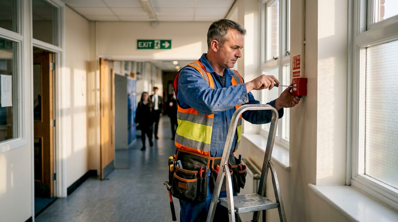 Technician inspecting fire alarm call point