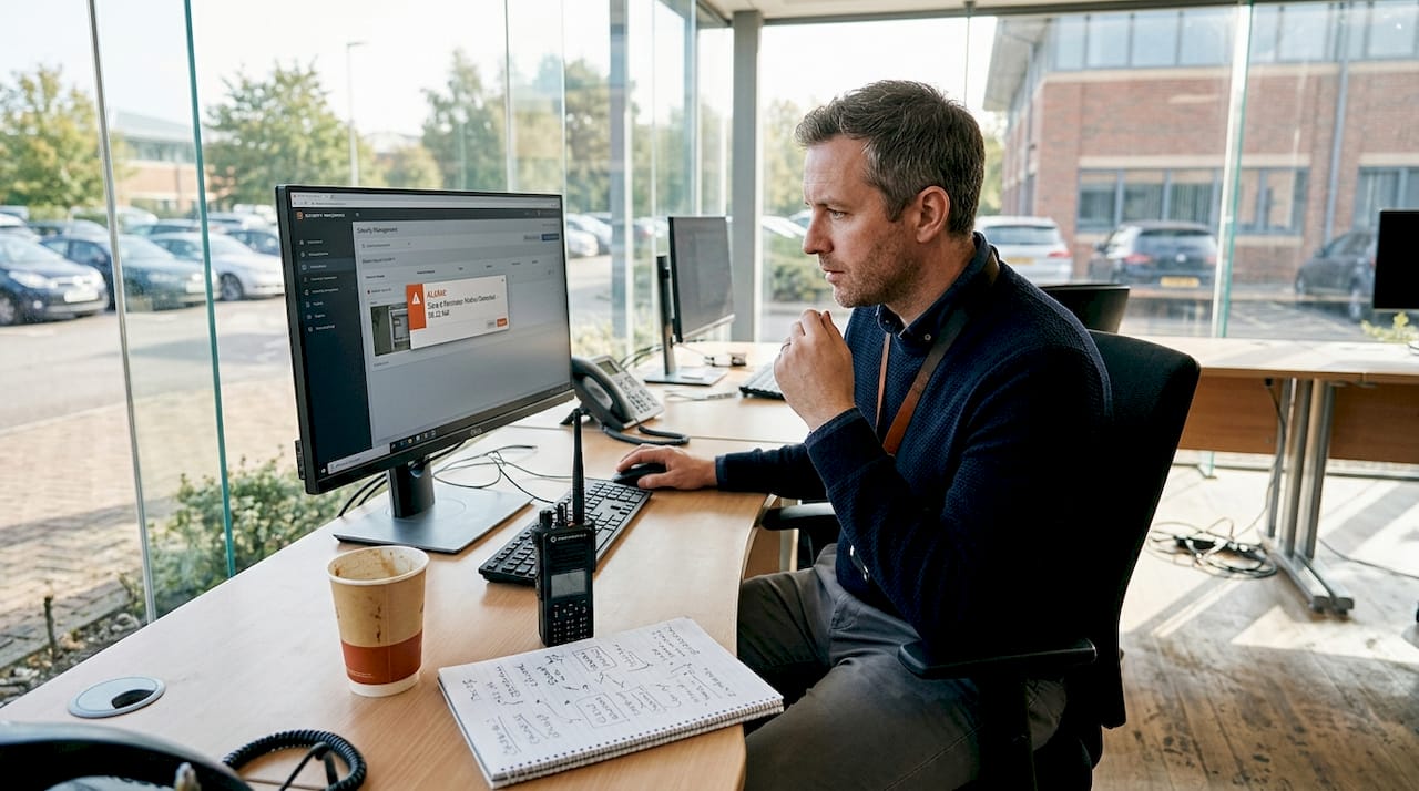 Security manager monitors alarm system alerts