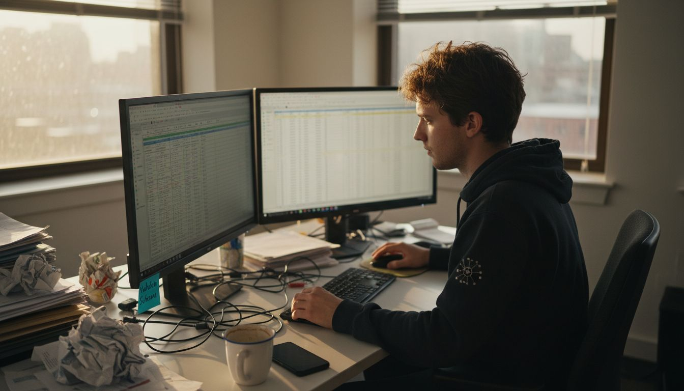 Engineer validating dataset in corner office