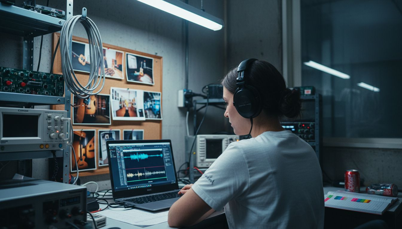 Engineer comparing audio data with photos on laptop