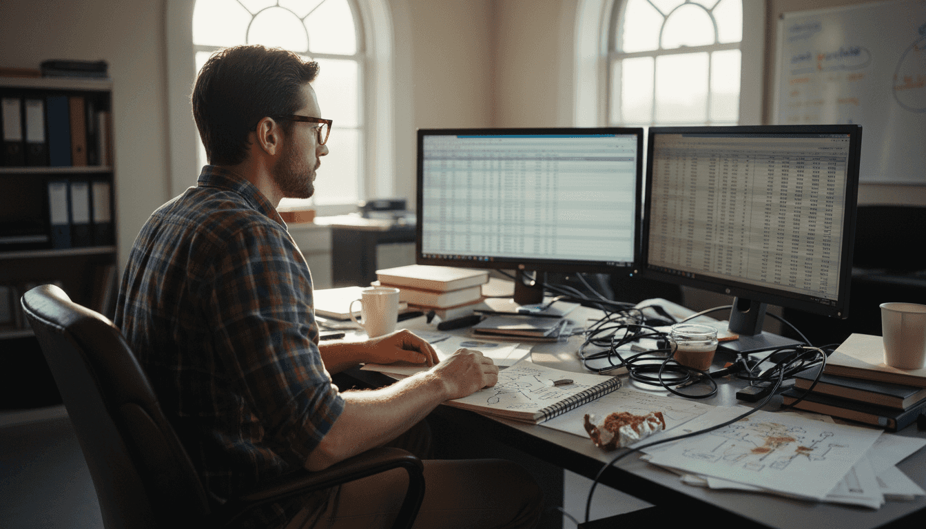 Data scientist preparing datasets at cluttered desk