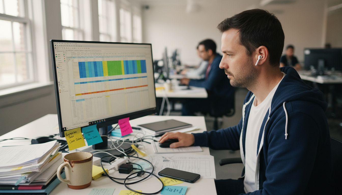 Data scientist reviewing structured dataset at desk