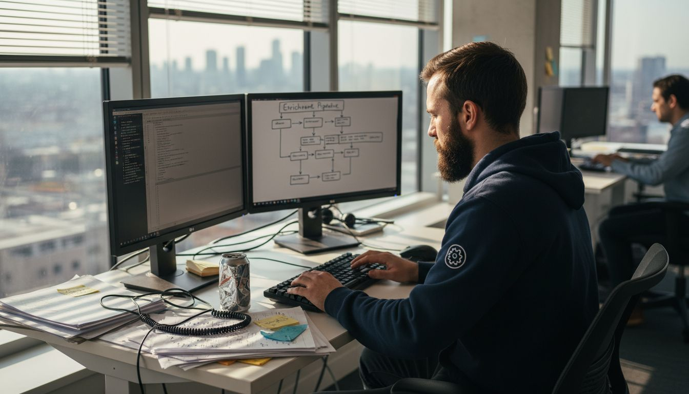Engineer coding data enrichment pipeline at desk