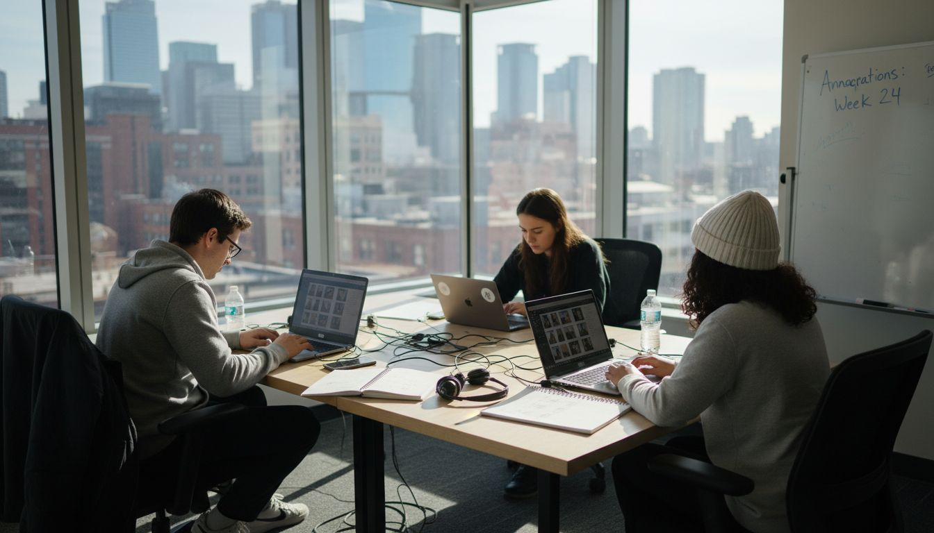 Startup team labeling dataset in sunny office