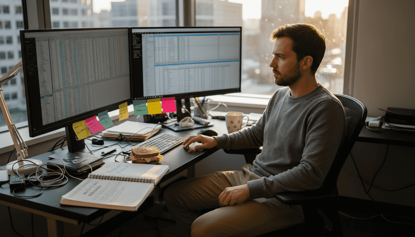 Data scientist scrolling through dataset for AI