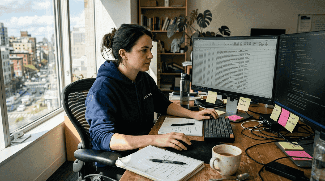 Engineer reviewing messy dataset for standardization