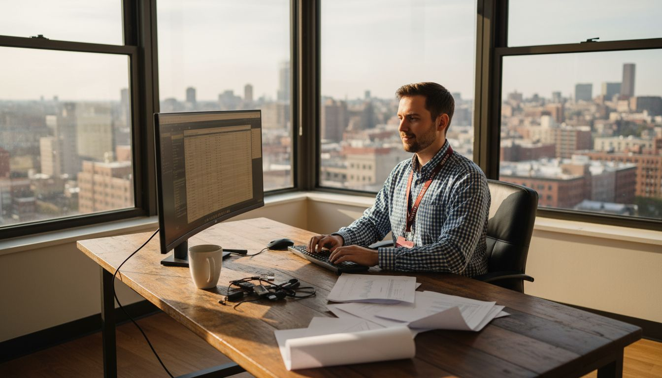 Data scientist compiling research datasets in office