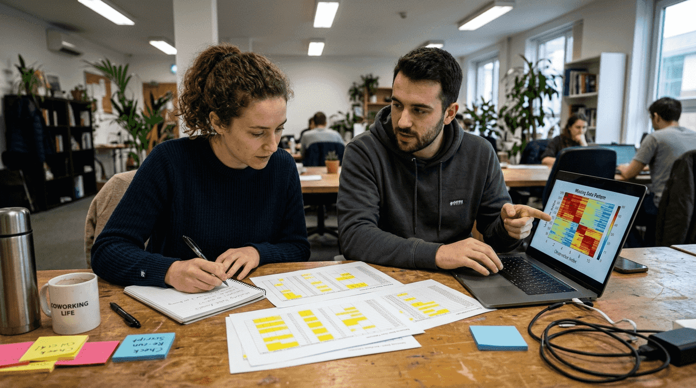 Analysts identifying missing data patterns