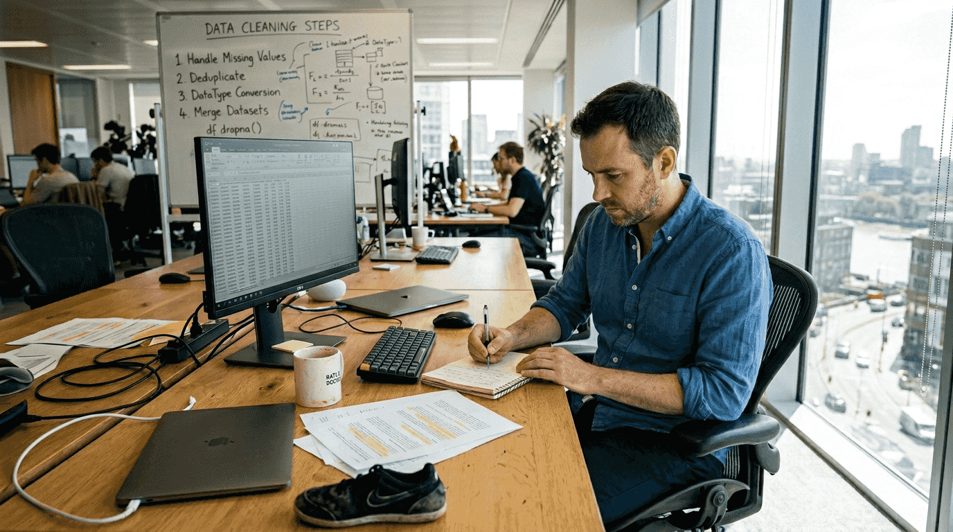 Data scientist reviewing raw dataset in office