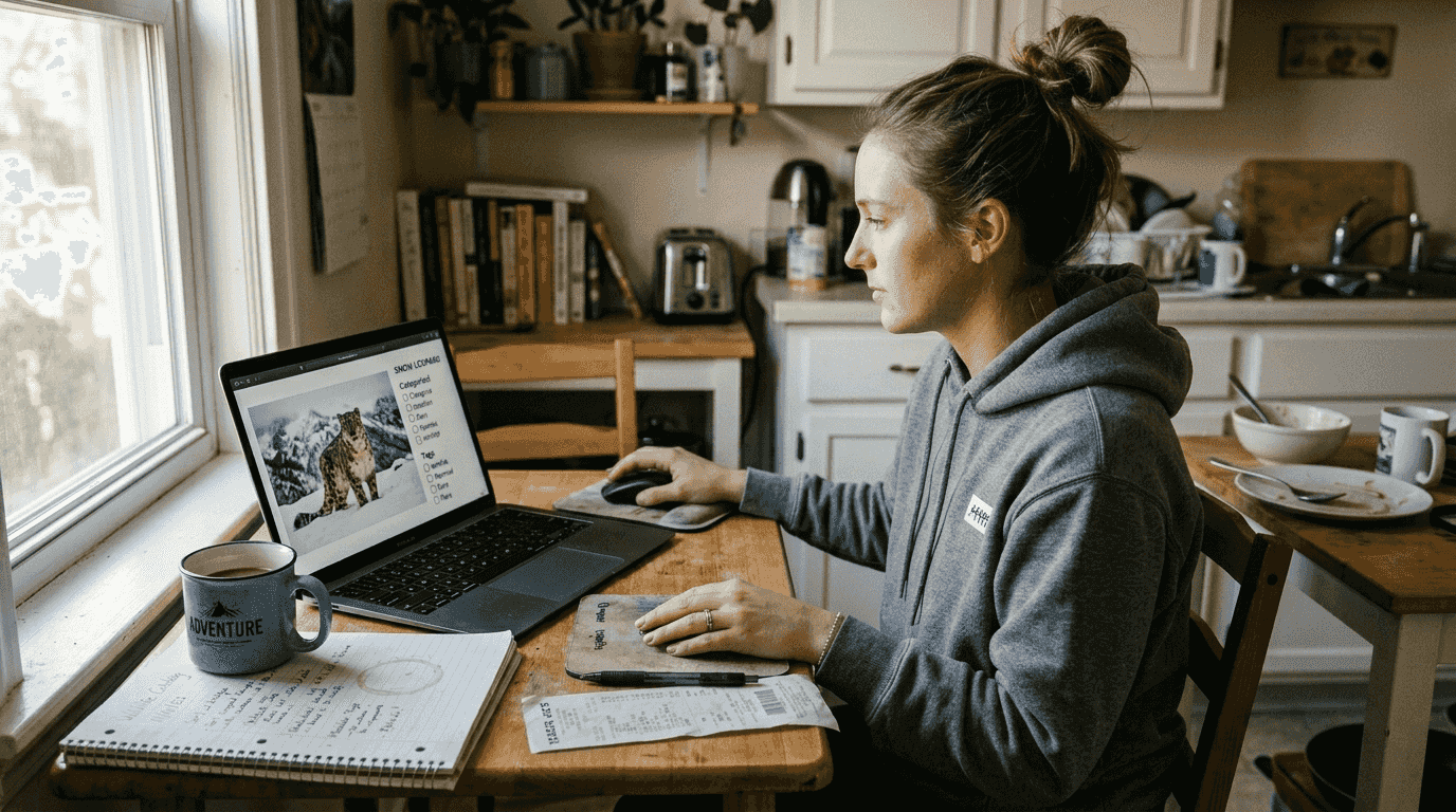 Woman scrolling labeled wildlife images on laptop
