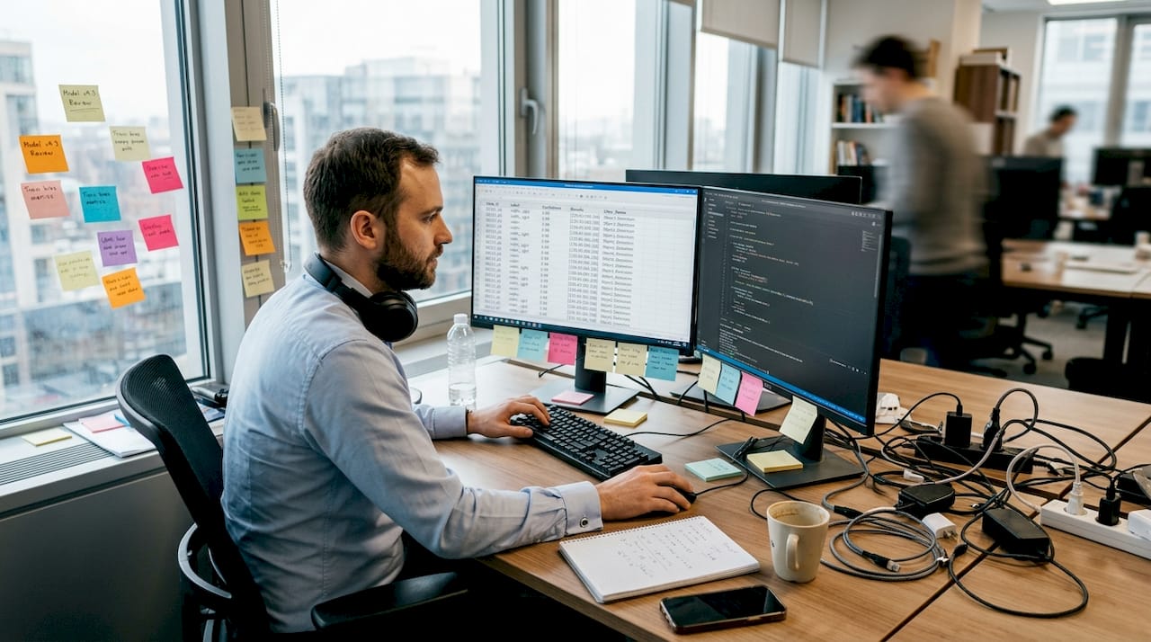 AI developer curating data at office desk