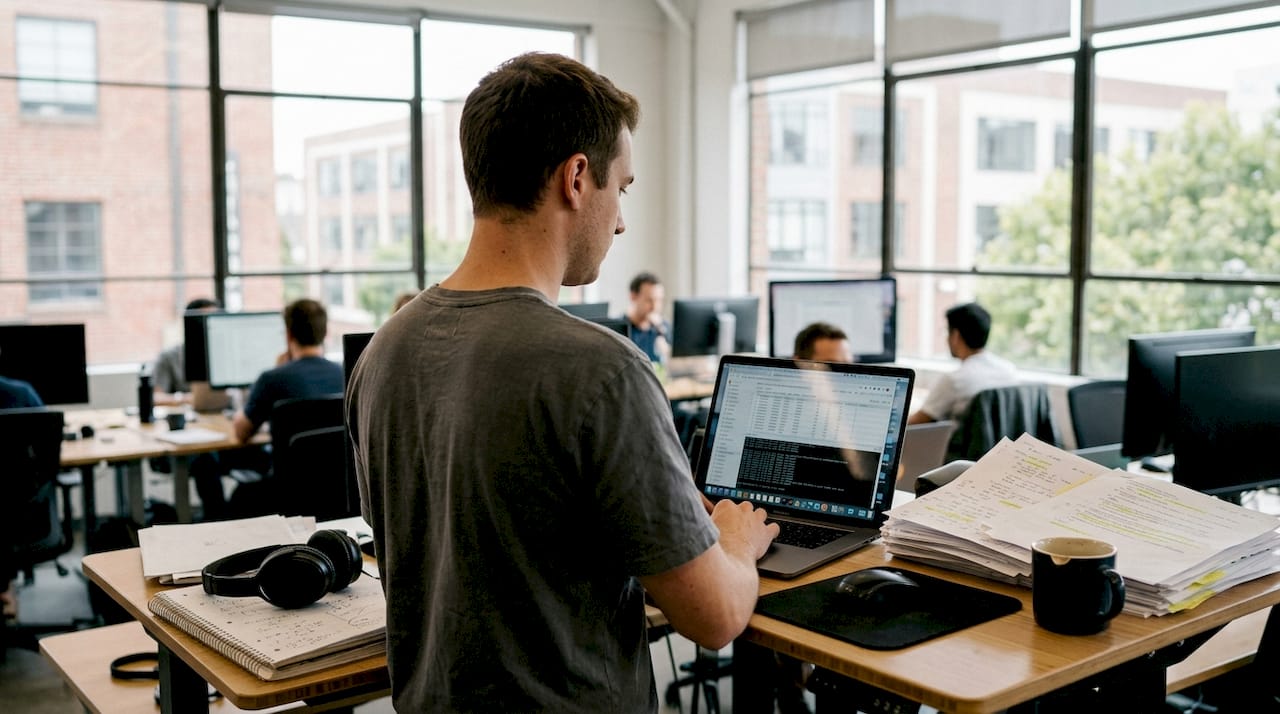 Engineer reviews structured data at workspace