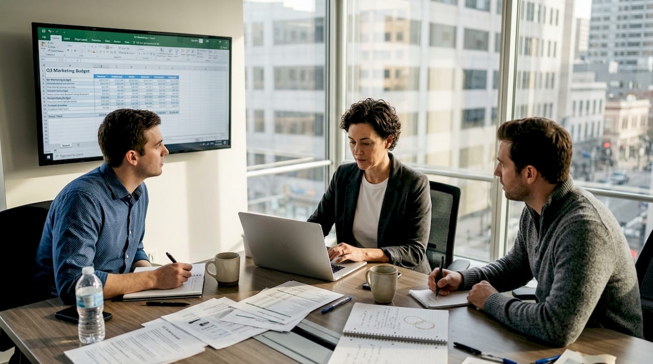 Business team reviewing structured data spreadsheet
