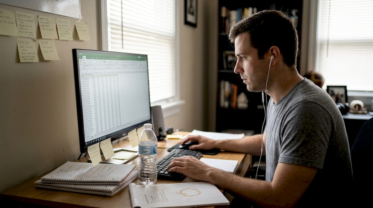 Data scientist reviews structured dataset in home office