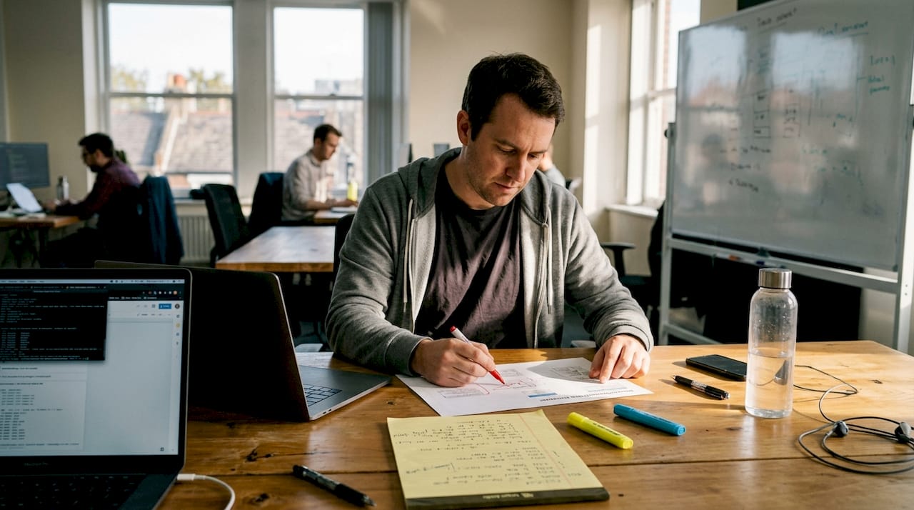 Data engineer planning dataset structure at office