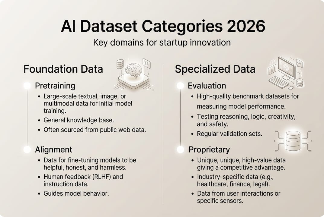 Infographic showing AI dataset categories for startups