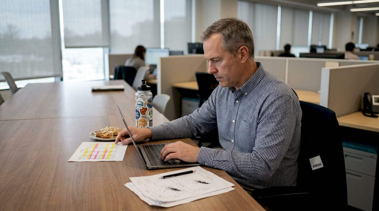 Man engineering dataset features in workspace