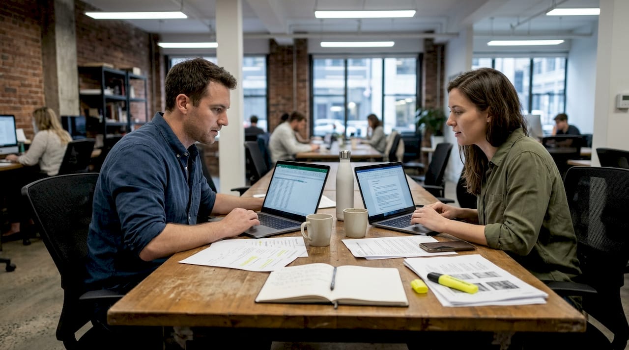 Two colleagues reviewing labeled dataset together