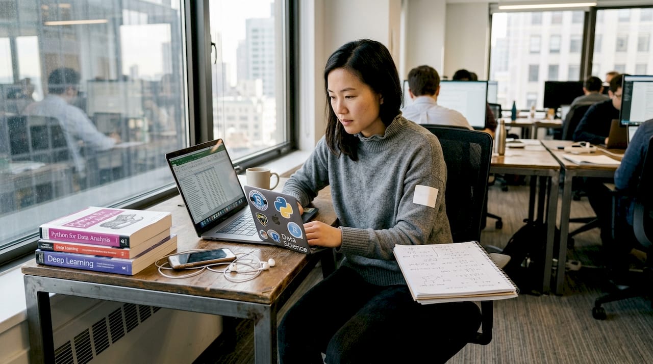 Data scientist reviewing spreadsheet in workspace