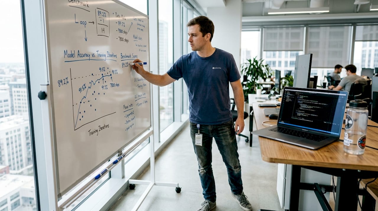Engineer writing AI benchmark scores on whiteboard