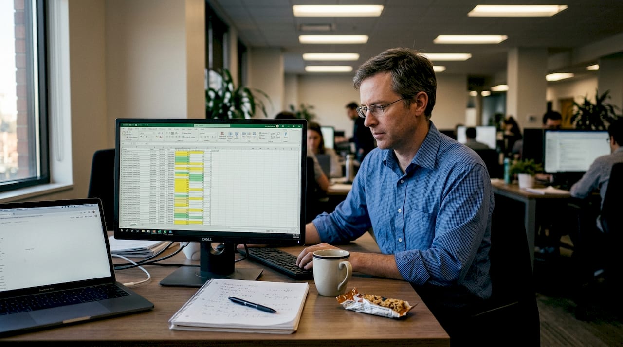 Data scientist reviewing spreadsheet at desk