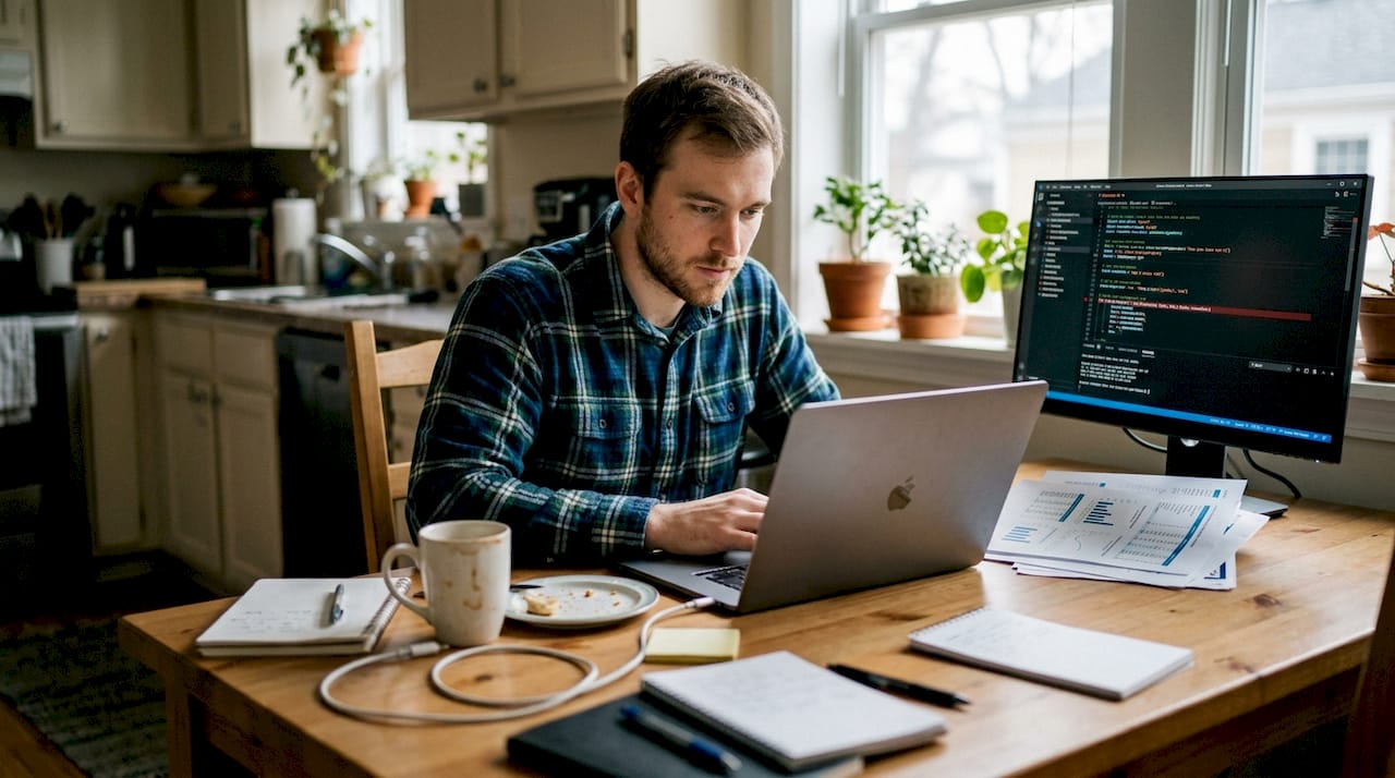 Data scientist cleans dataset at kitchen table