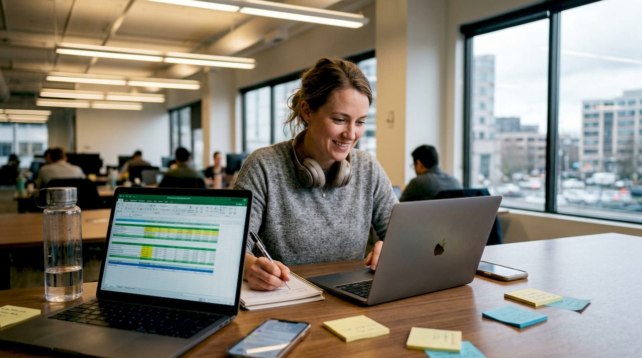 AI engineer reviews spreadsheet in open office