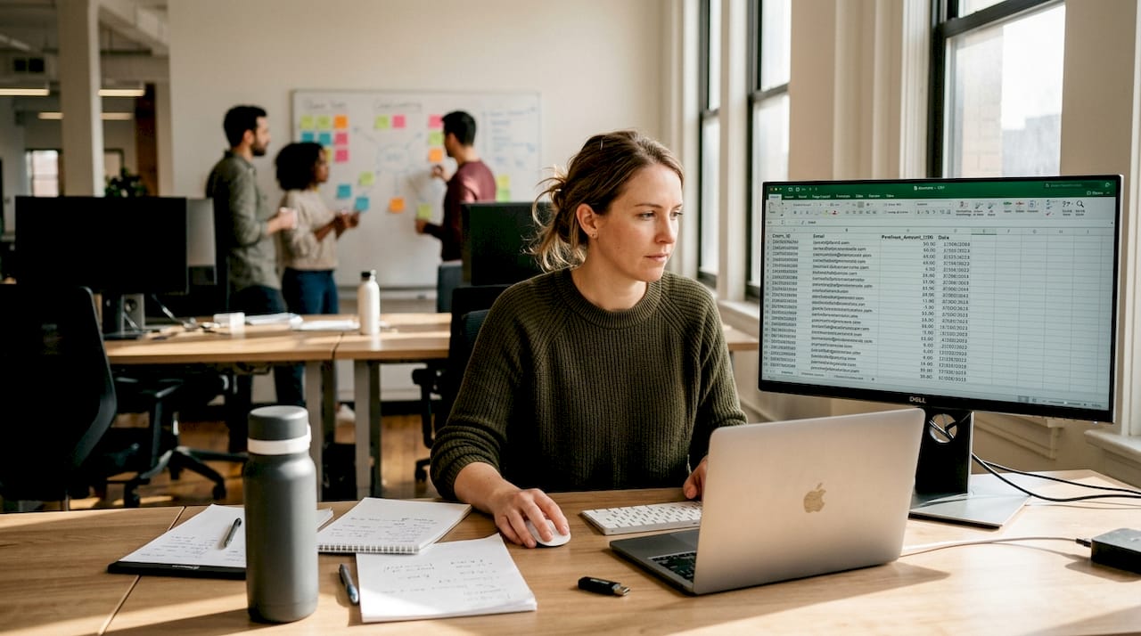 Professional reviewing CSV dataset on office monitor