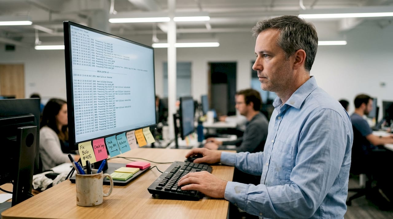 Engineer checks deduplication logs in office