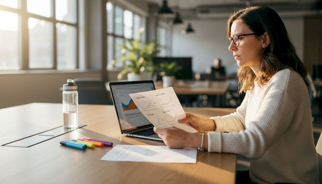 Woman reviewing dataset normalization comparison printout