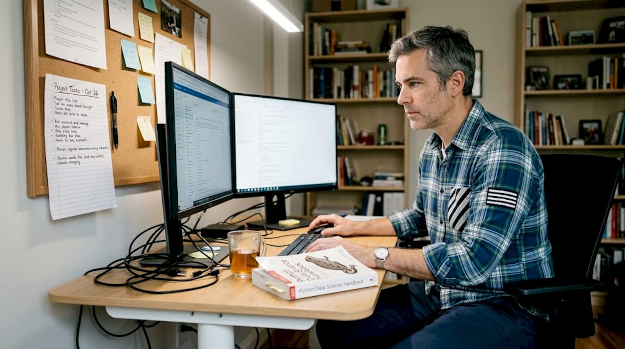 Data scientist sorting folders at home office desk