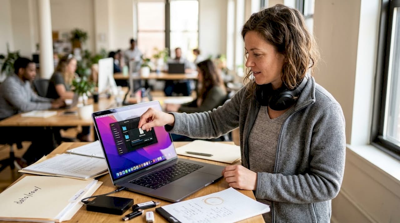Woman organizing raw data files on laptop
