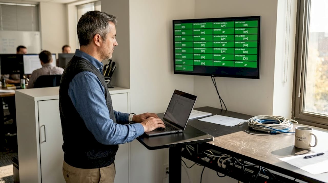 IT manager monitoring server status in office