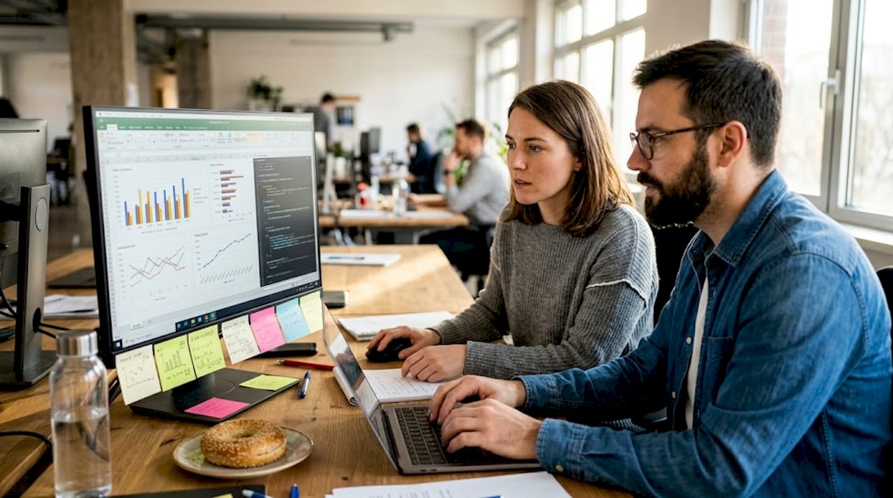 Team reviewing synthetic data at shared desk